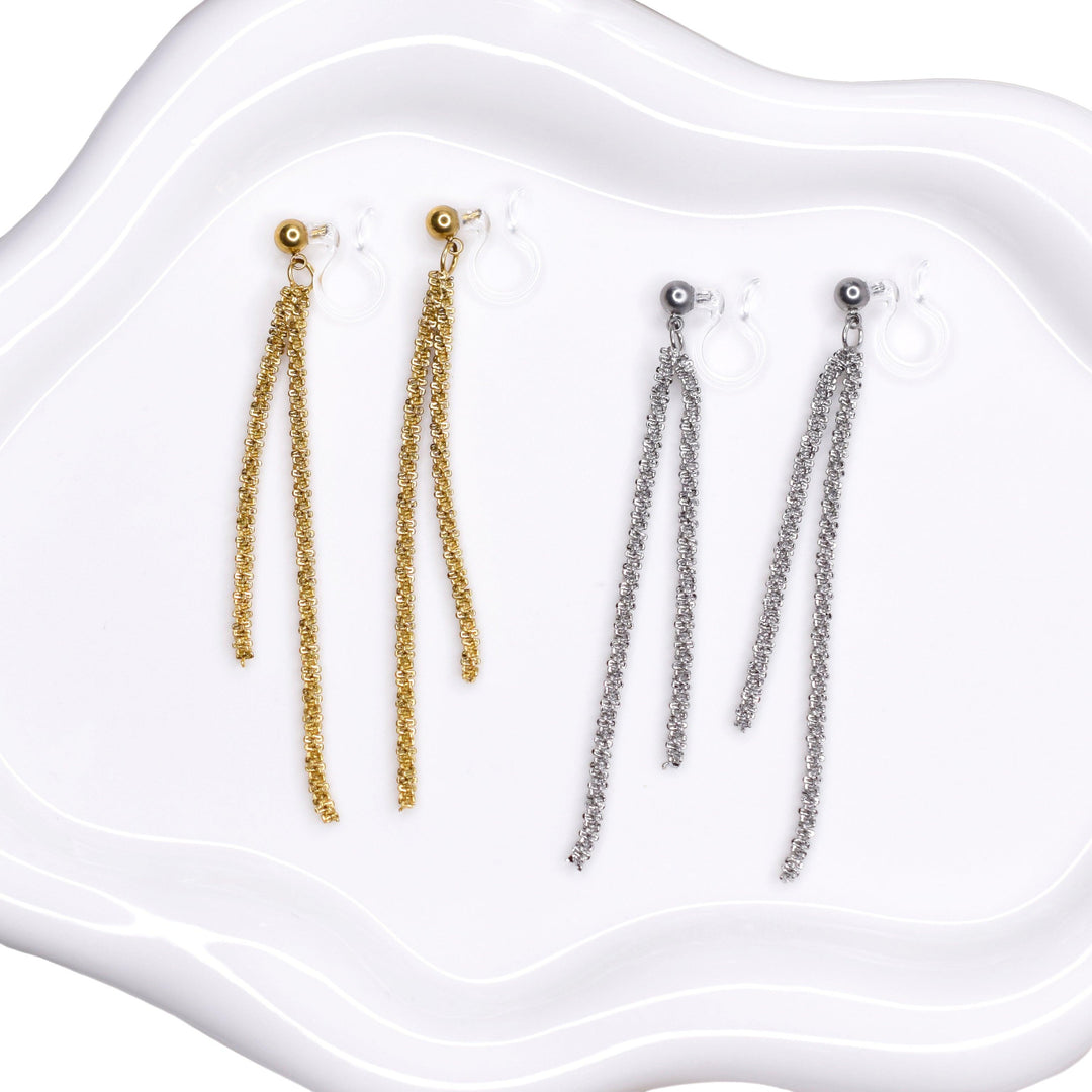 Asymmetric double chain dangle clip on earrings in gold and dangle clip on earrings in silver