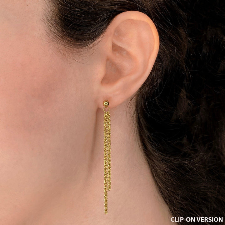 Asymmetric double chain dangle clip on earrings in gold