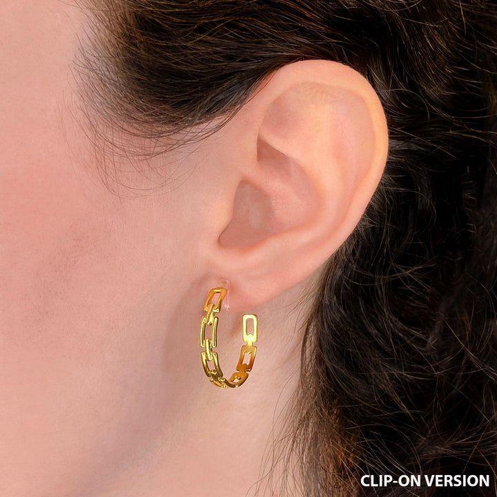 Rectangle chain hoop clip on earrings in gold worn on the ear