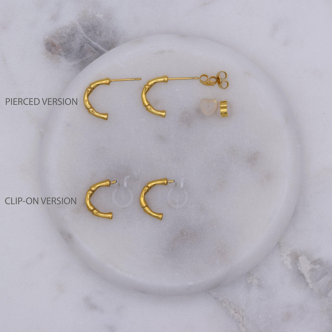 Bamboo huggie hoop comfortable clip on earrings in gold and hypoallergenic pierced huggie hoop earrings in gold