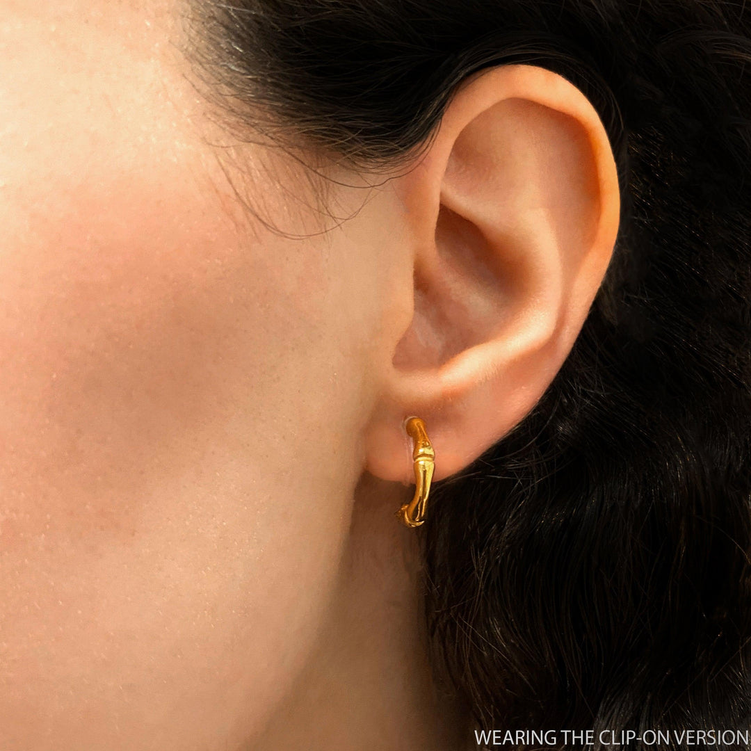 Bamboo huggie hoop clip on earrings in gold