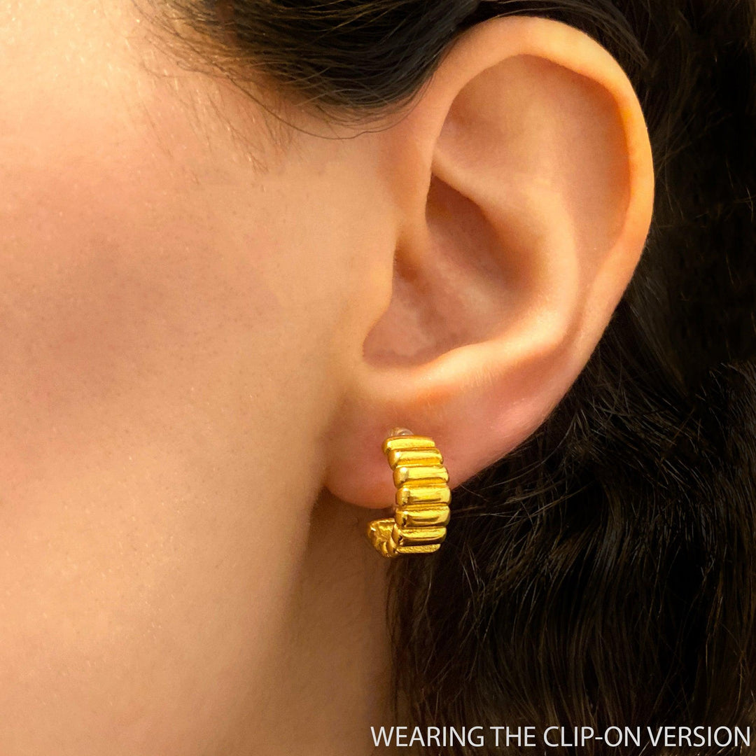 Chunky bar huggie hoop clip on earrings in gold on ear