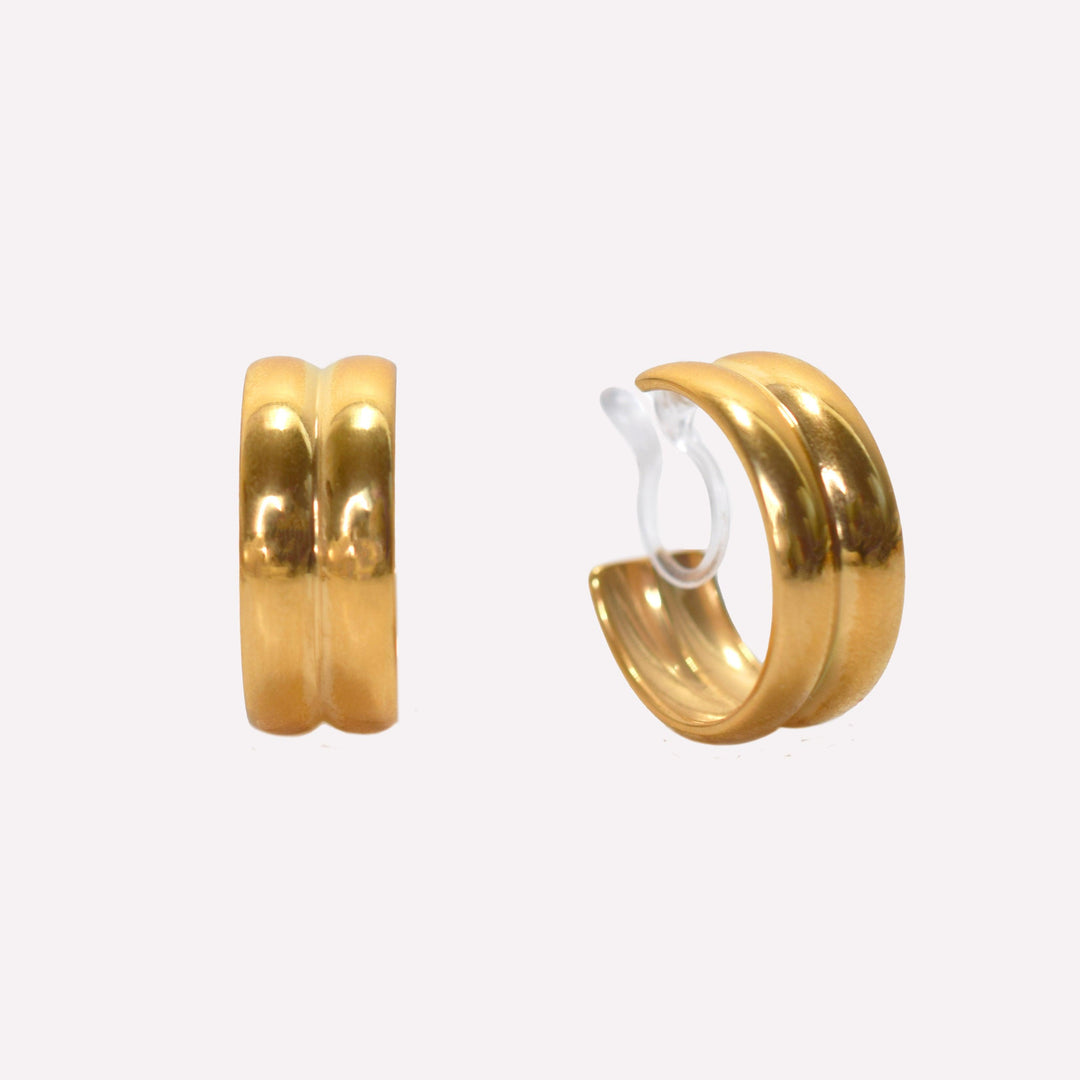 Chunky double hoop clip on earrings in gold