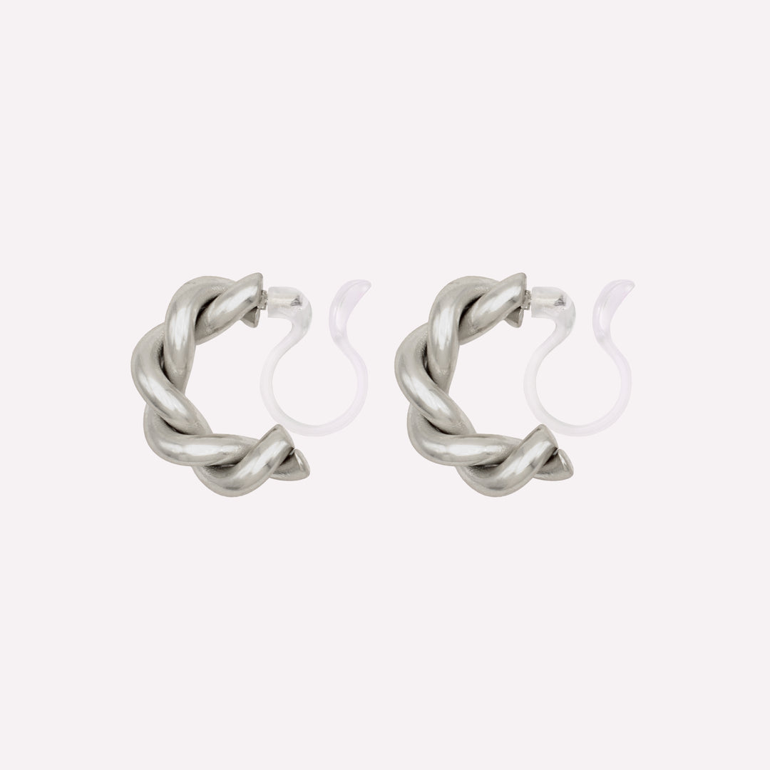 Chunky twist huggie hoop clip on earrings silver