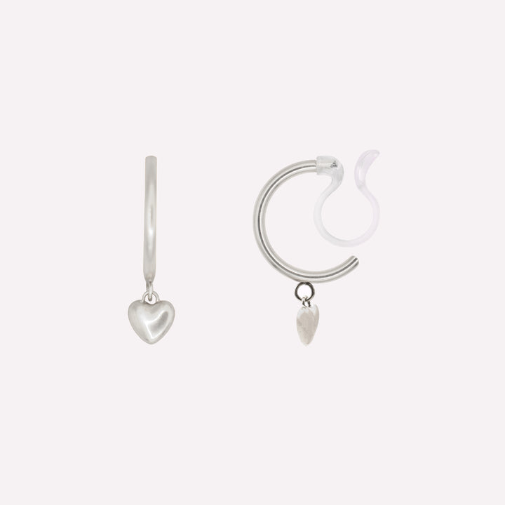 Clip on earrings huggie hoop heart silver
