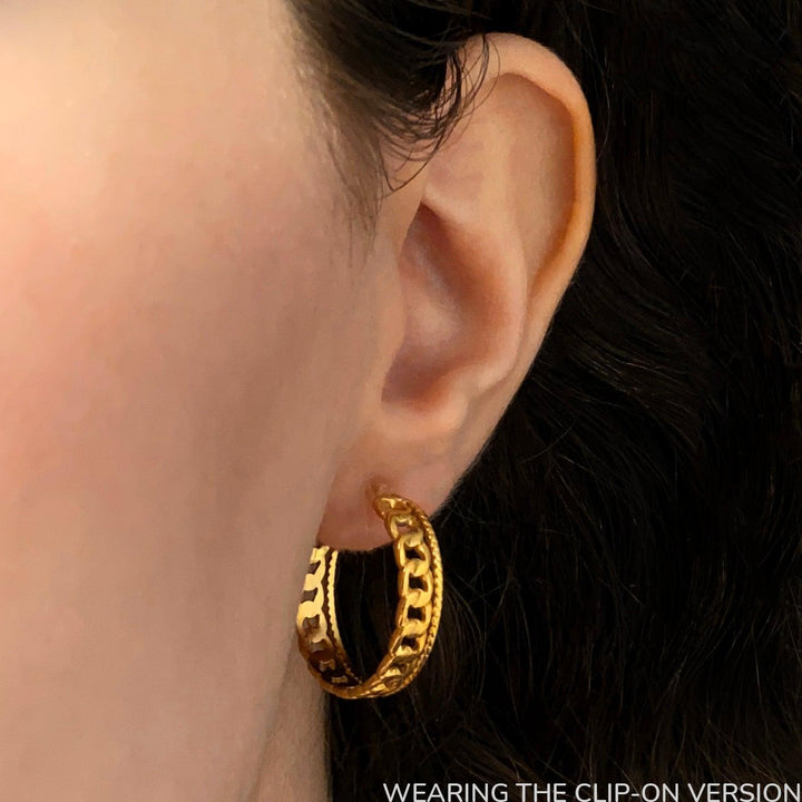 Cuban chain hoop clip on earrings in gold on ear