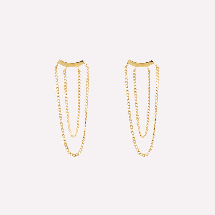 Double chain dangle clip on earrings in gold