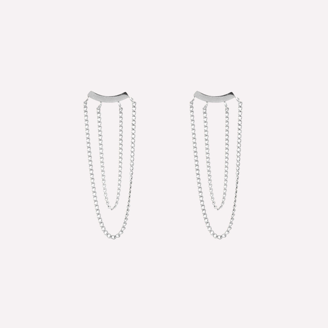 Double chain dangle clip on earrings in silver