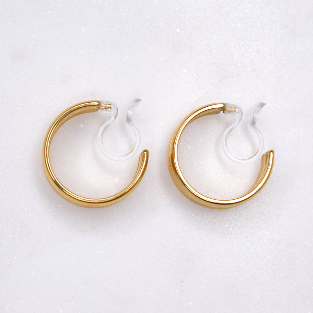 Double chunky hoop comfortable clip on earrings in gold