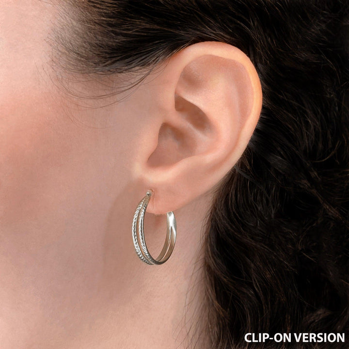 Double hoop clip on earrings in silver