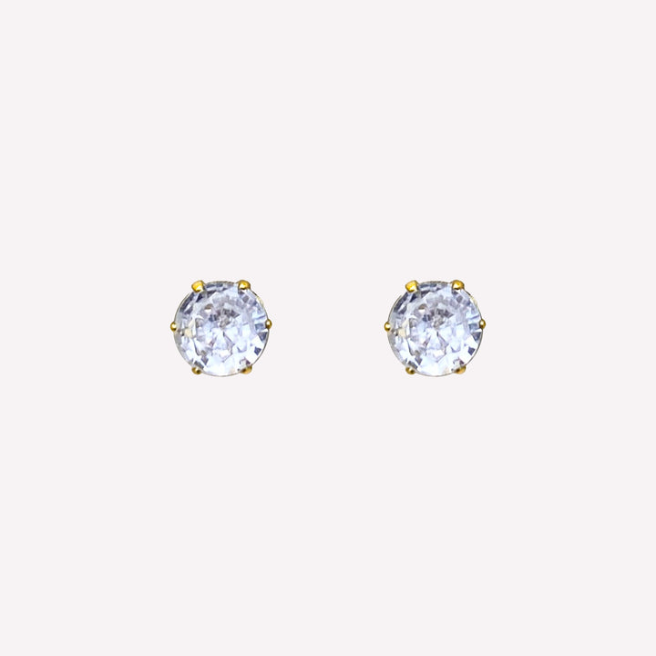 Small round rhinestone stud clip on earrings in gold with cubic zirconia stones