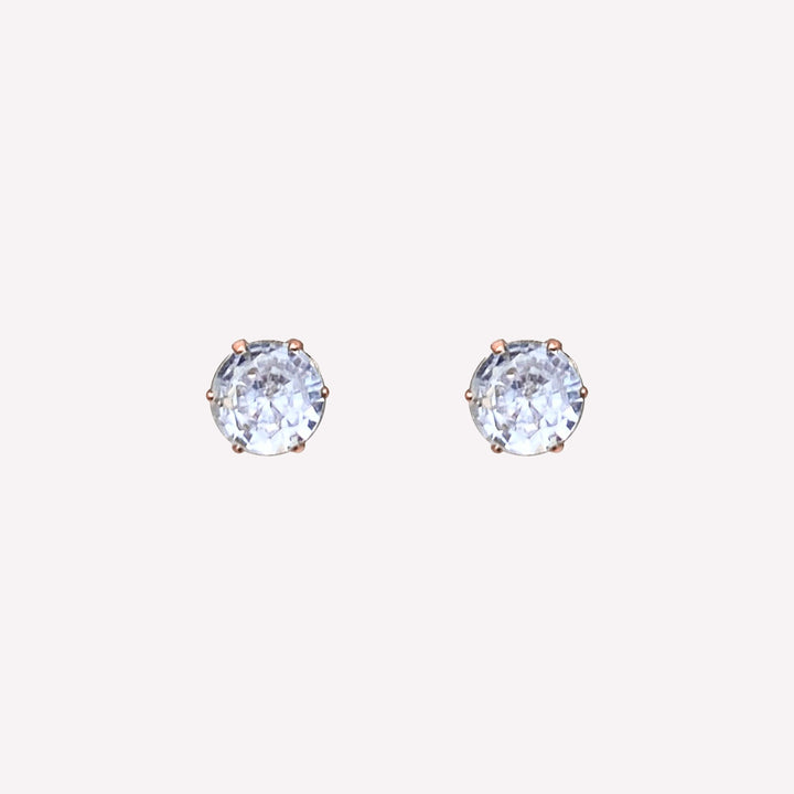 Small round rhinestone stud clip on earrings in rose gold with cubic zirconia stones