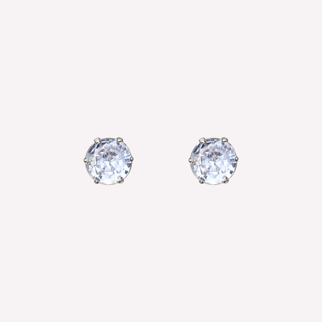 Small round rhinestone stud clip on earrings in silver with cubic zirconia stones