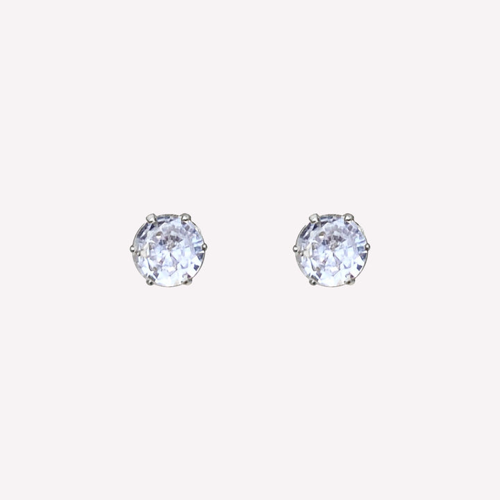 Small round rhinestone stud clip on earrings in silver with cubic zirconia stones
