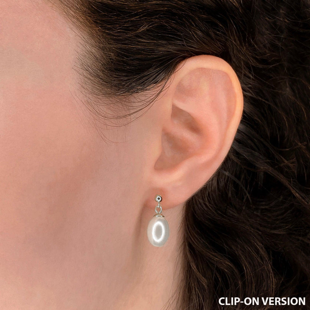 Freshwater pearl dangle drop stud clip on earrings in silver