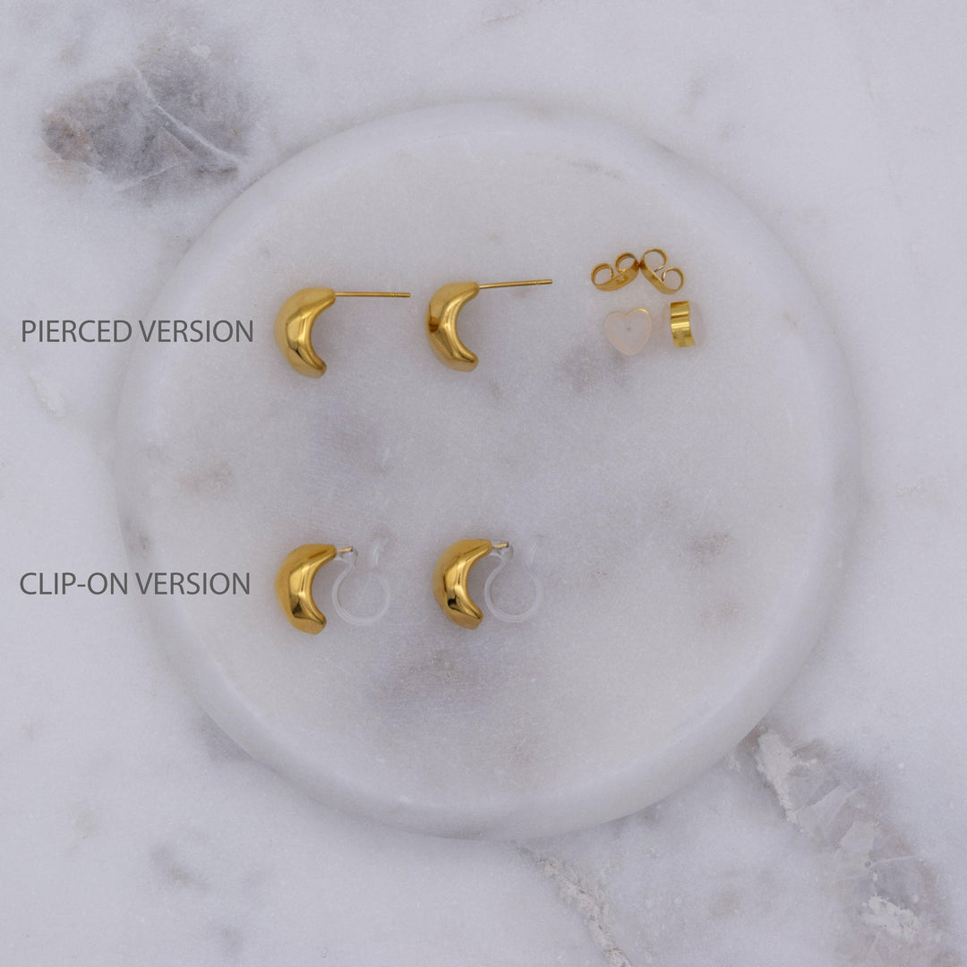 Geometric huggie hoop clip on earrings in gold and hypoallergenic pierced earrings