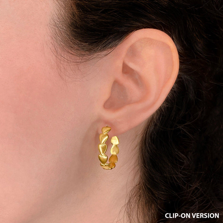 Heart hoop clip on earrings in gold
