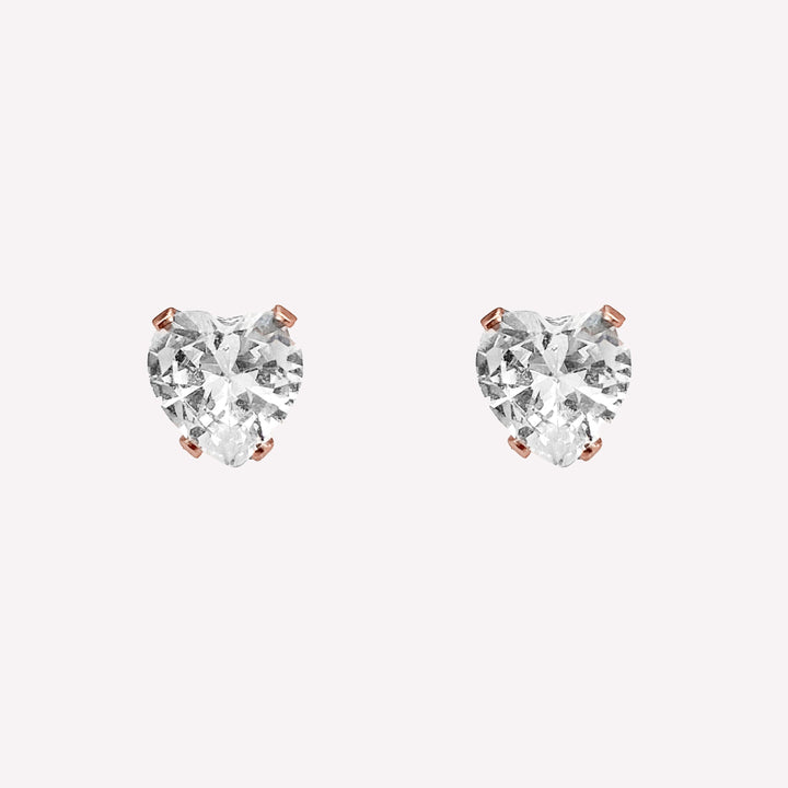 Heart rhinestone cubic zirconia stud clip on earrings in rose gold