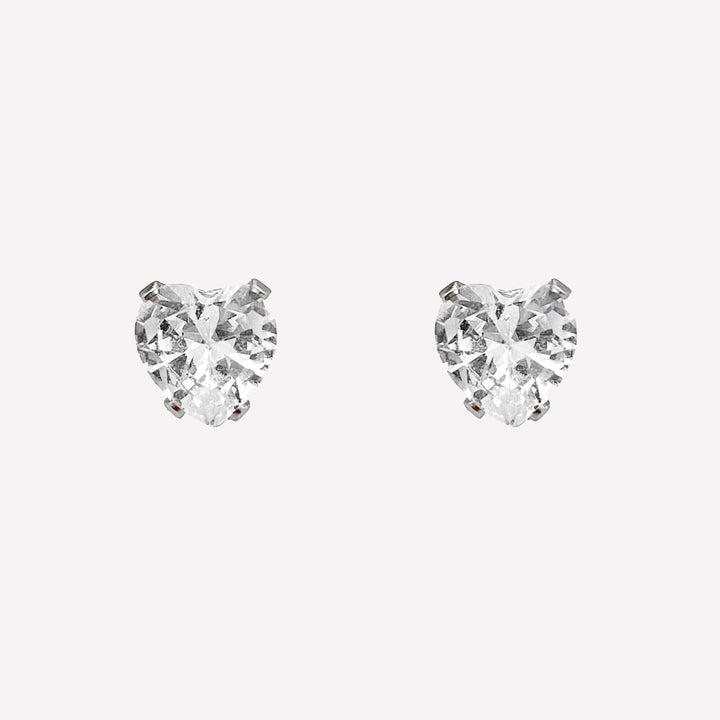Heart rhinestone cubic zirconia stud clip on earrings in silver