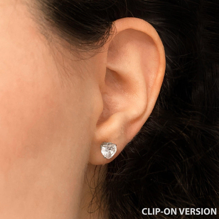 Heart rhinestone stud cubic zirconia clip on earrings in silver