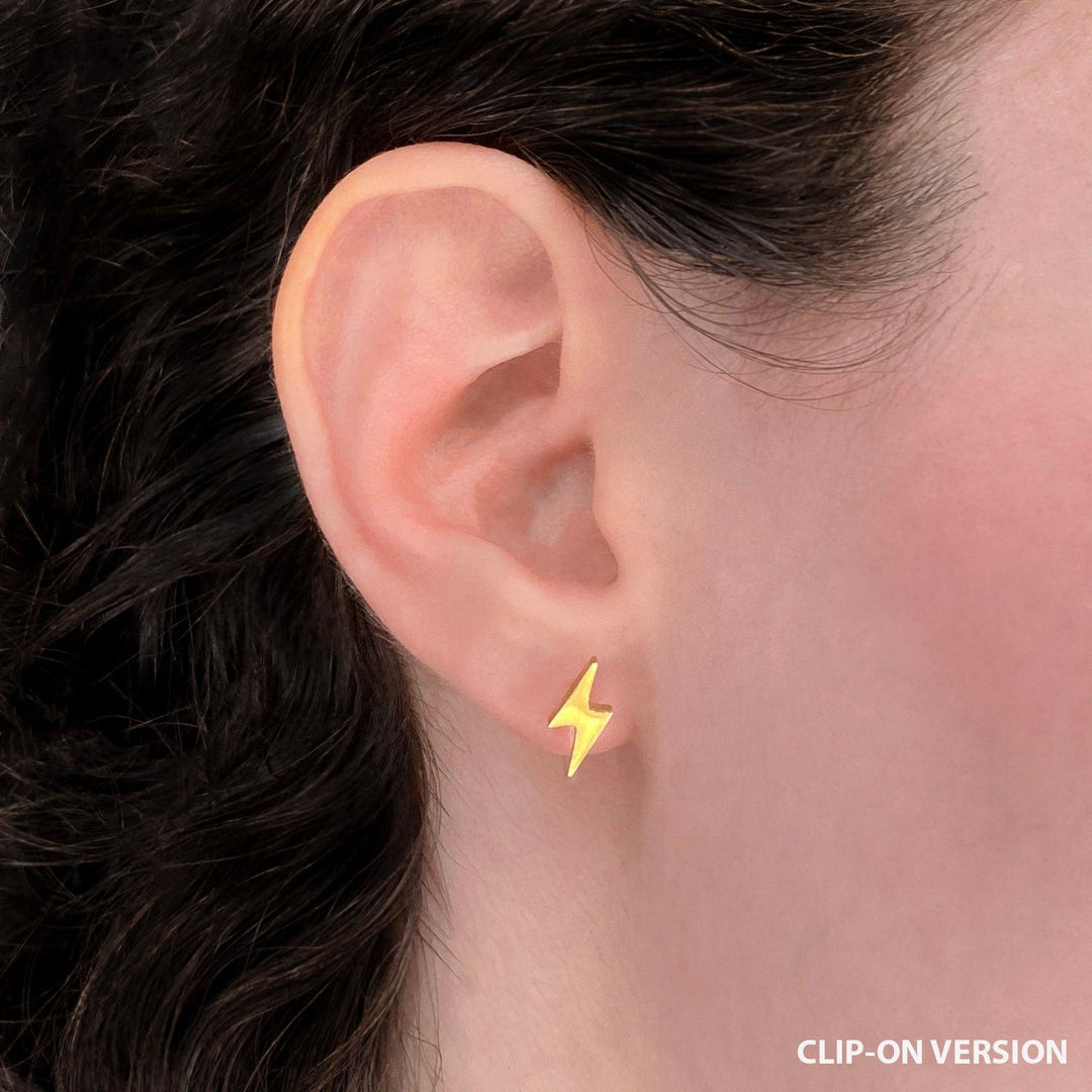 Lightning bolt stud comfortable clip on earrings in gold