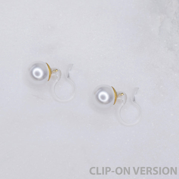 Medium pearl stud clip on earrings in gold