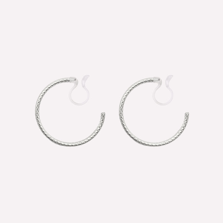 Medium textured hoop comfortable clip-on earrings silver