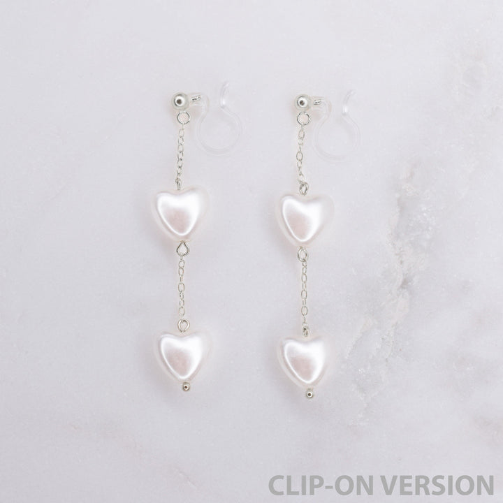 Pearl heart dangle clip on earrings in silver