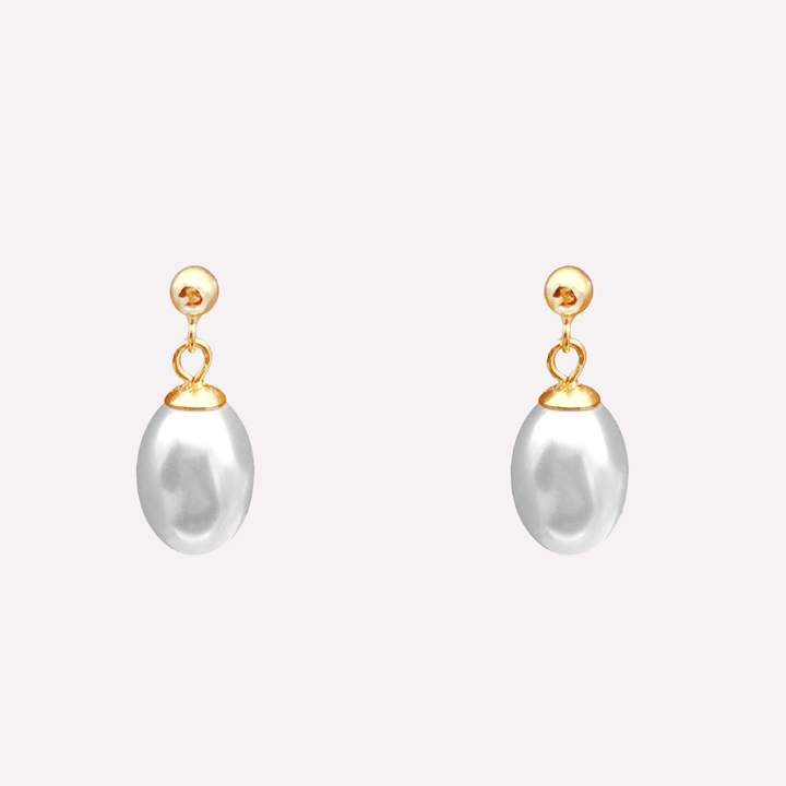 Pearl dangle drop stud clip on earrings in gold