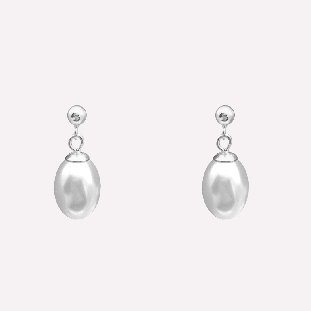 Pearl dangle drop stud clip on earrings in silver