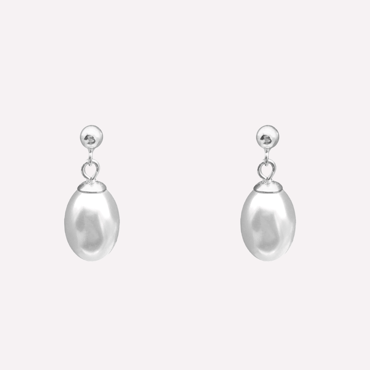 Pearl dangle drop stud clip on earrings in silver