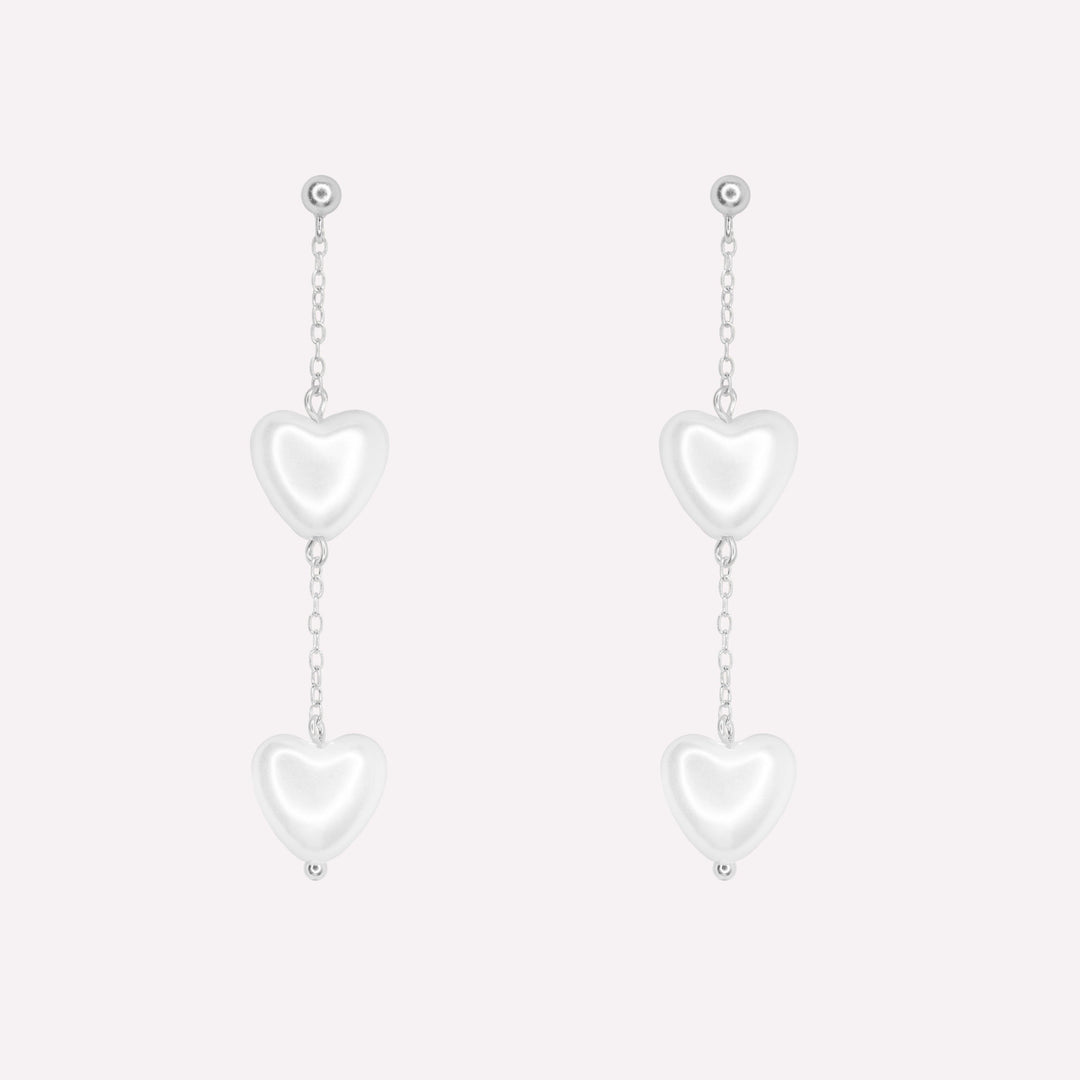 Heart shaped pearl dangle bridal wedding clip on earrings in silver