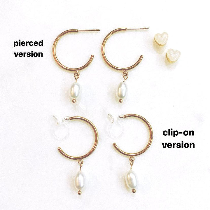 Thin small hoop clip on earrings in gold with real genuine freshwater pearl dangle next to the pierced version of the pearl dangle hoop earrings for comparison