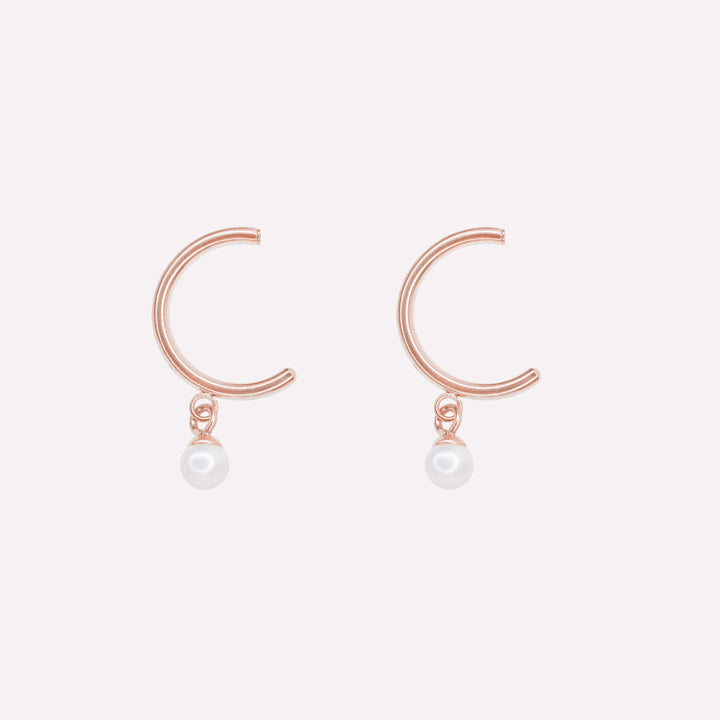 Thin huggie hoop clip on earrings in rose gold with round real genuine freshwater pearl dangle