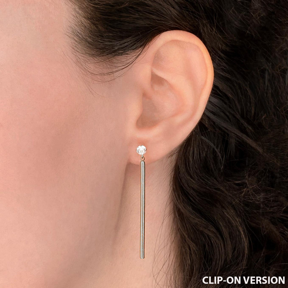 Rhinestone dangle clip on earrings in silver