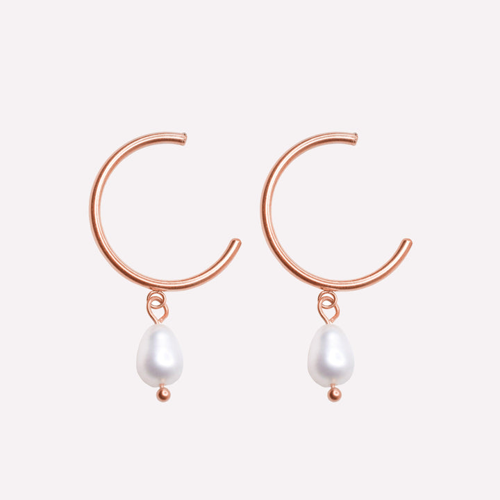 Thin small hoop clip on earrings in rose gold with real genuine freshwater pearl dangle