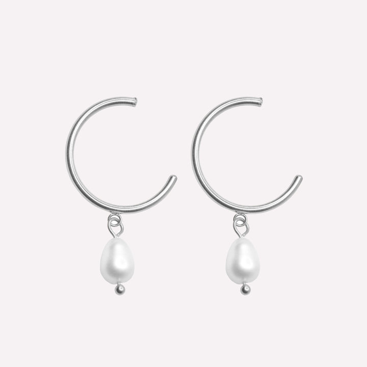 Thin small hoop clip on earrings in silver with real genuine freshwater pearl dangle
