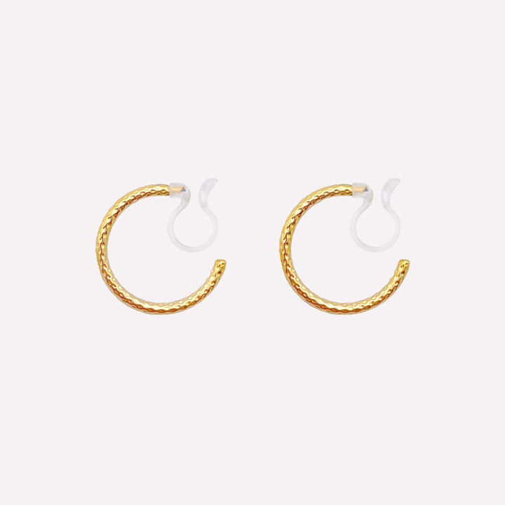 Small textured hoop comfortable clip on earrings gold