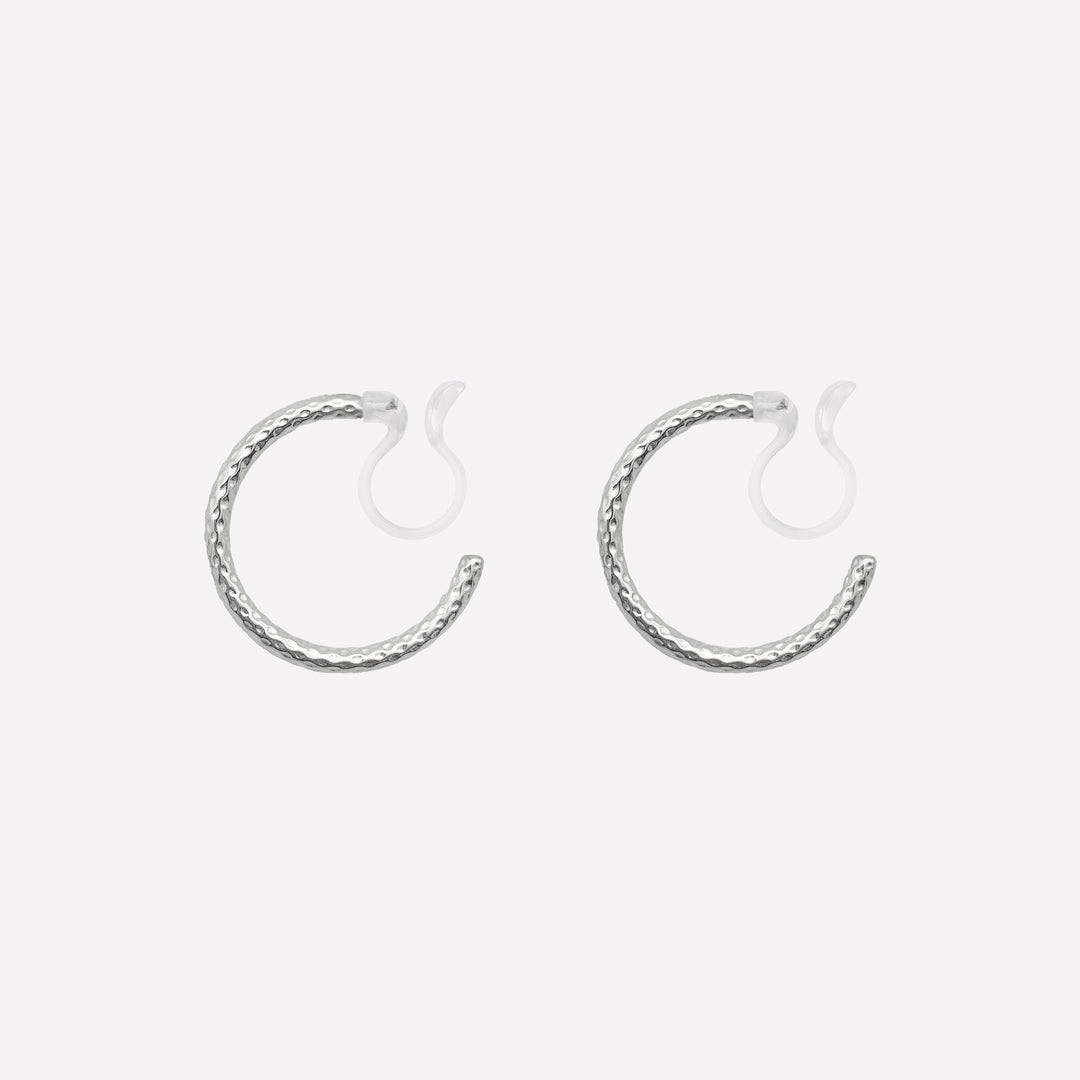 Small textured hoop comfortable clip on earrings silver