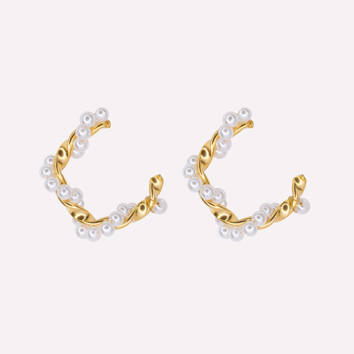 Twist pearl design hoop clip on earrings in gold