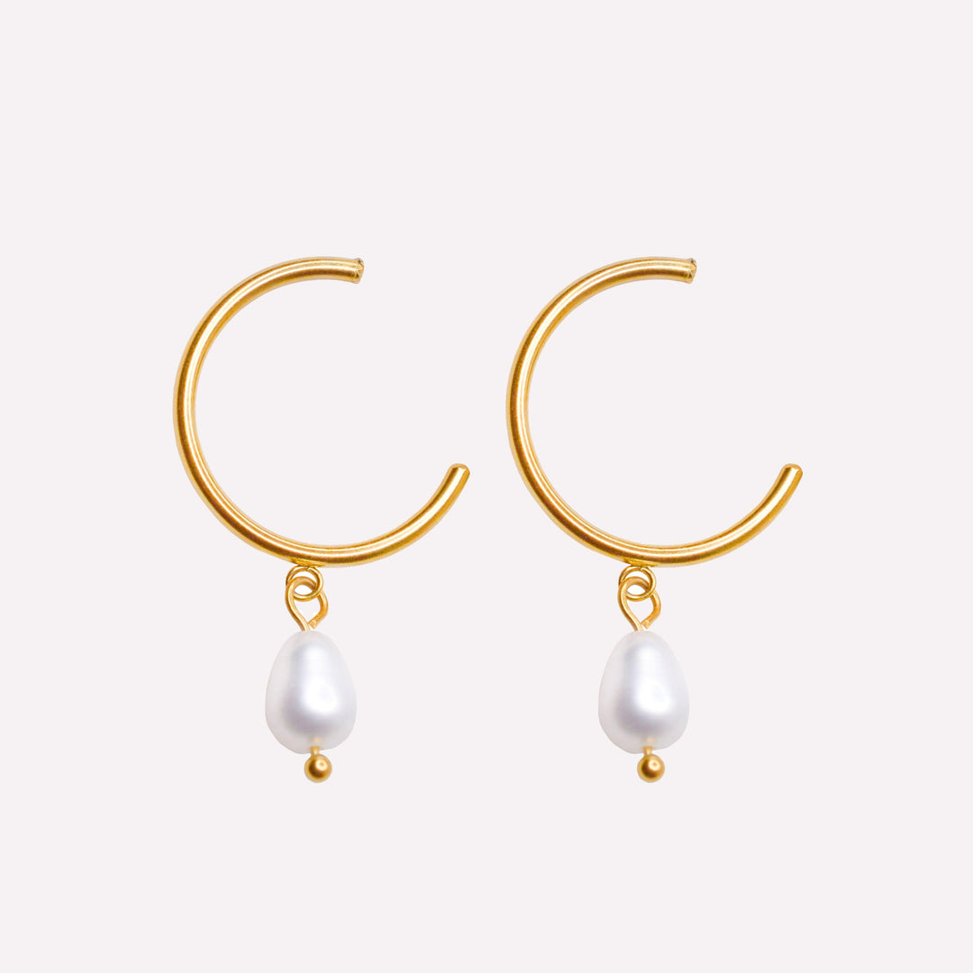 Thin small hoop clip on earrings in gold with real genuine freshwater pearl dangle