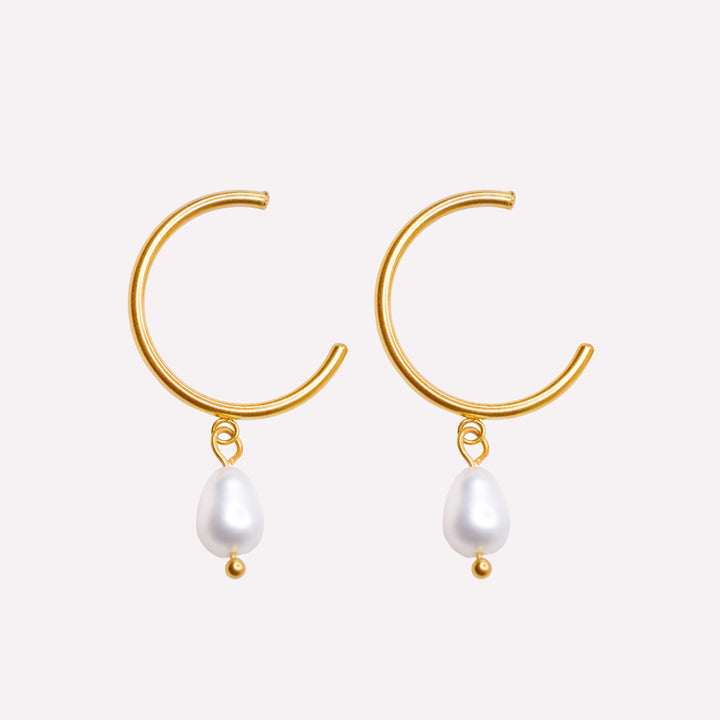 Thin small hoop clip on earrings in gold with real genuine freshwater pearl dangle