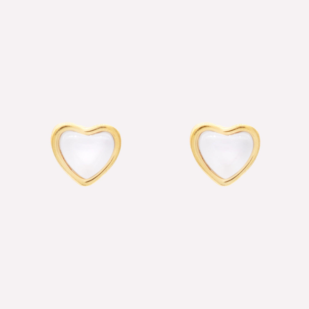 White heart stud clip on earrings in gold