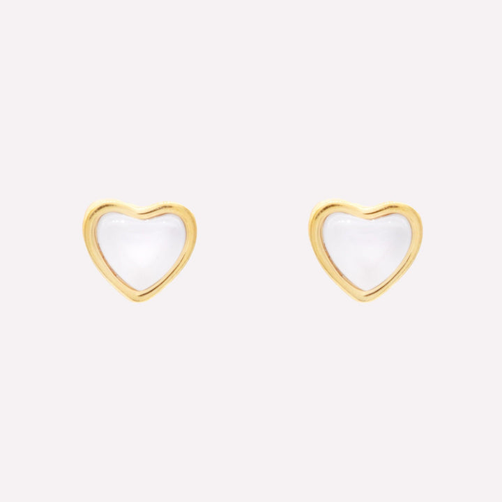 White heart stud clip on earrings in gold